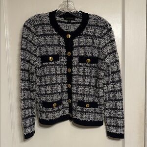 Ann Taylor Navy and White Tweed Cardigan